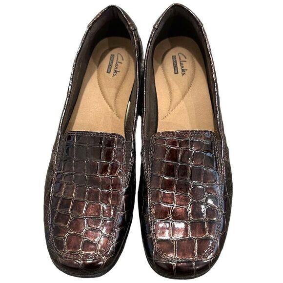 Clarks Gael Angora Vegan Loafer Womens Size 9.5 N Brown Croc Print Slip On Flats - Picture 1 of 9